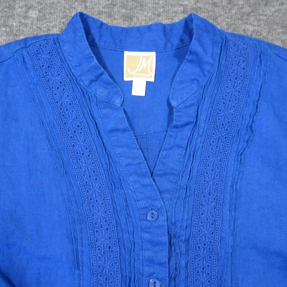 JM Collection Linen Tunic Shirt 12P Royal Blue Button Up V-Neck‎ Luxury Coastal - Picture 6 of 10